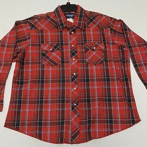Wrangler Mens Red Plaid LS Western Pearl Snap